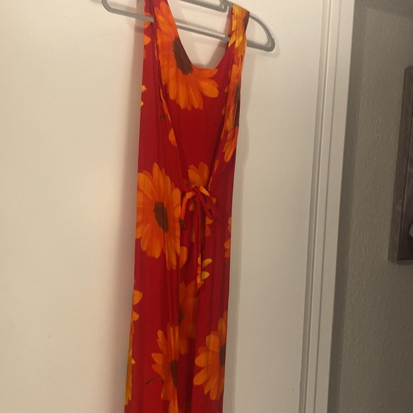 A maxi dress with Gold ,Orange and brown large flowers accenting the red! - Picture 3 of 3